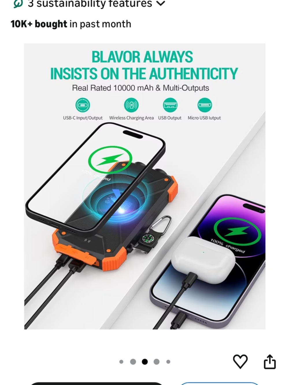 Blavor Solar Power Bank with Wireless Charging - Black & Orange NWT - Picture 6 of 10